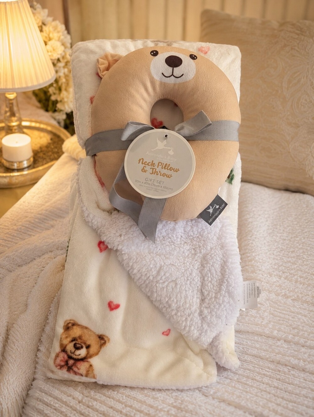 Baby Plush Bear Neck Pillow & Sherpa Throw Gift Set NWT